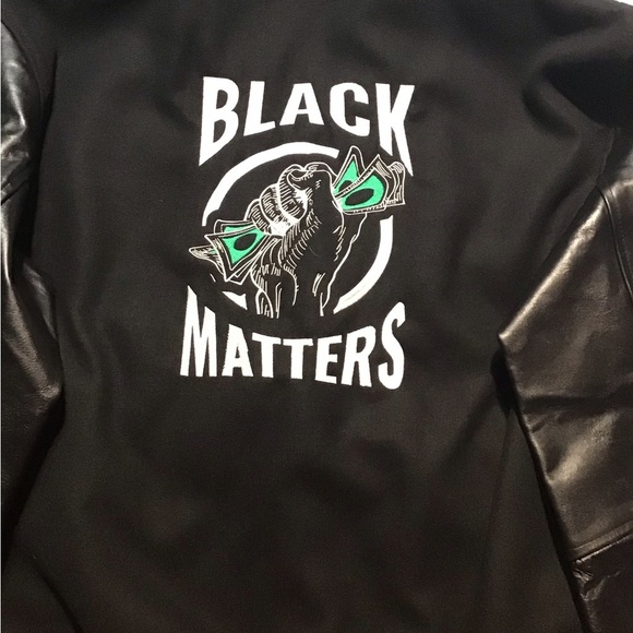 Black Matter Varsity Jacket with Leather Sleeves - Picture 4 of 6